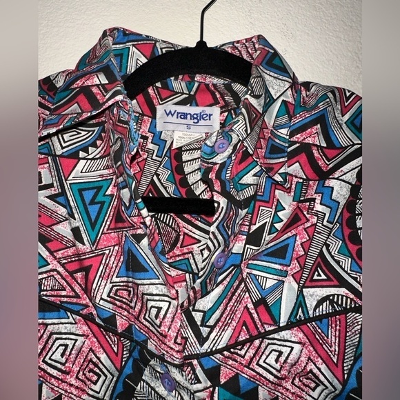 Wrangler vintage retro geometric button front padded shoulder western blouse S - Picture 3 of 8